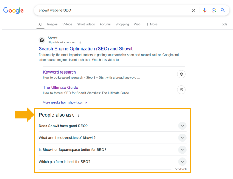 google ask for showit seo rankings