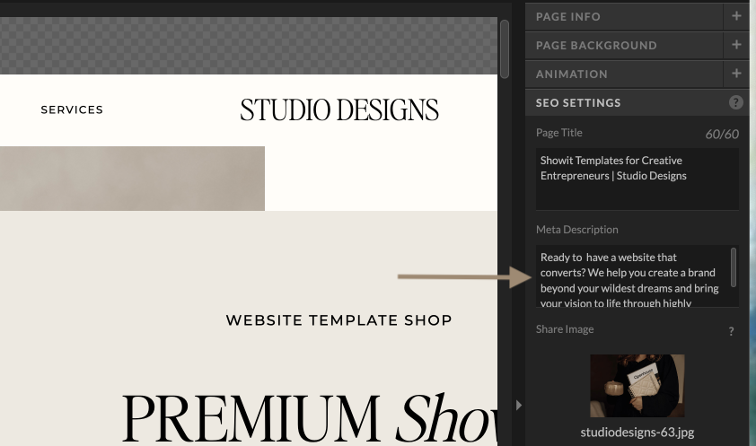 Where and how to add your meta description in Showit | Studio Design